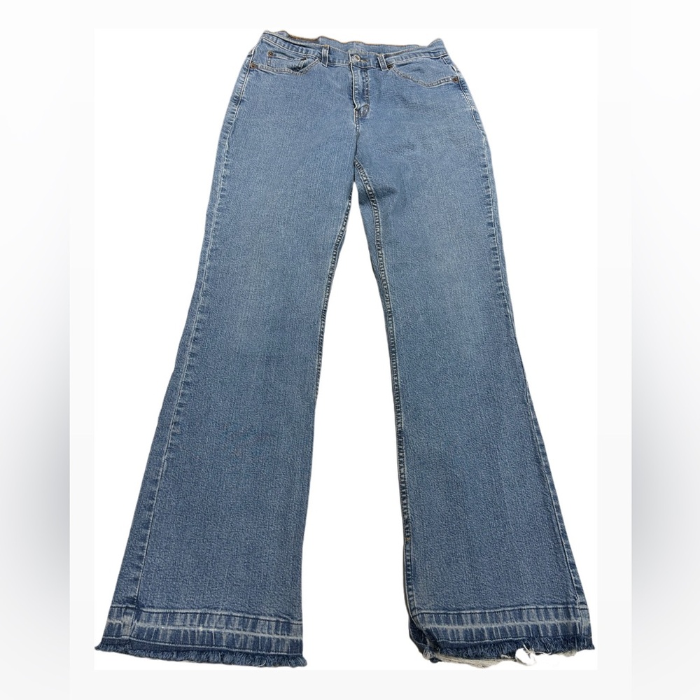Levi's 515 Bootcut Light Blue Denim Jeans w/ Distressed & Split Hem